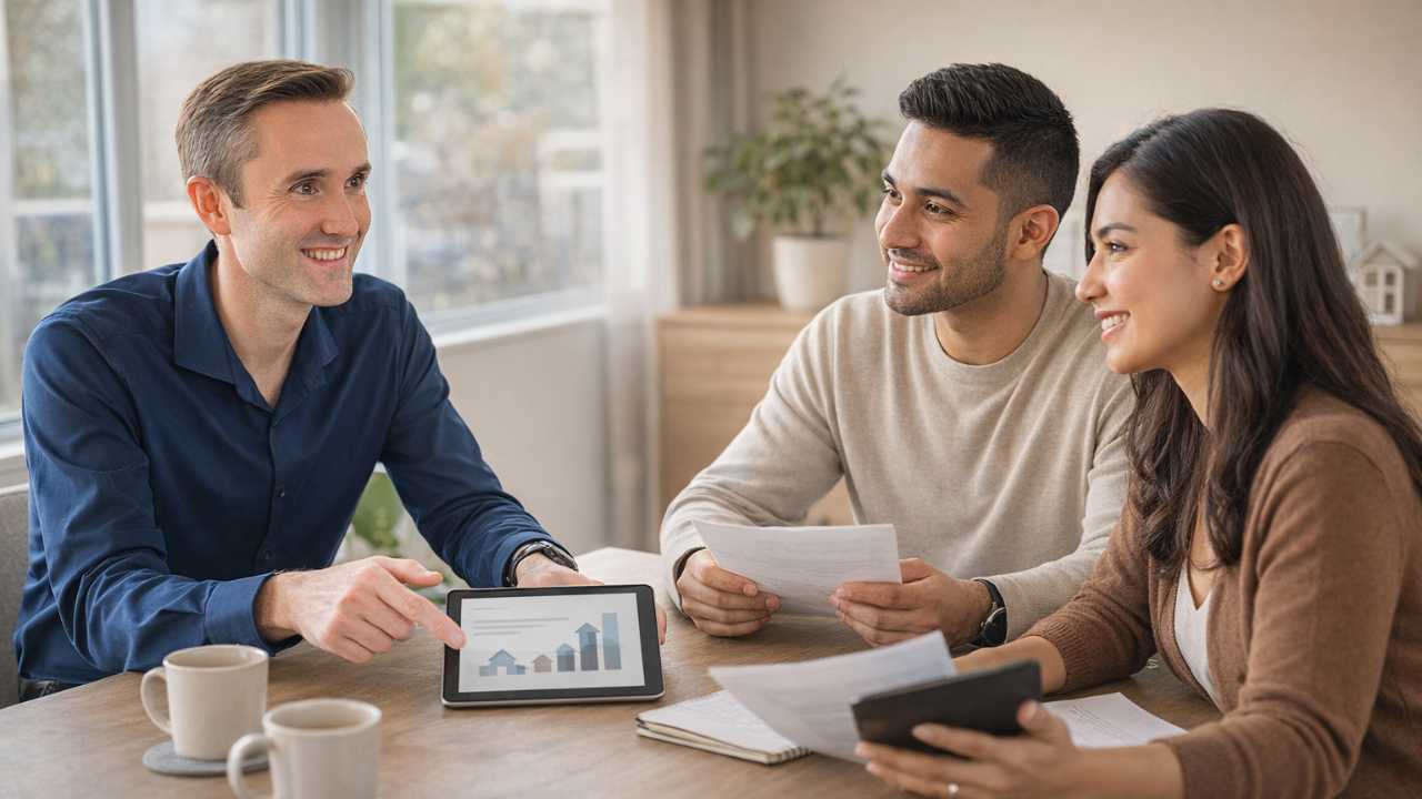 Josh Tagg reviewing mortgage options with a couple at their kitchen table